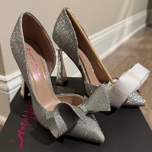 Betsey Johnson Sparkling Silver Heels with Bow